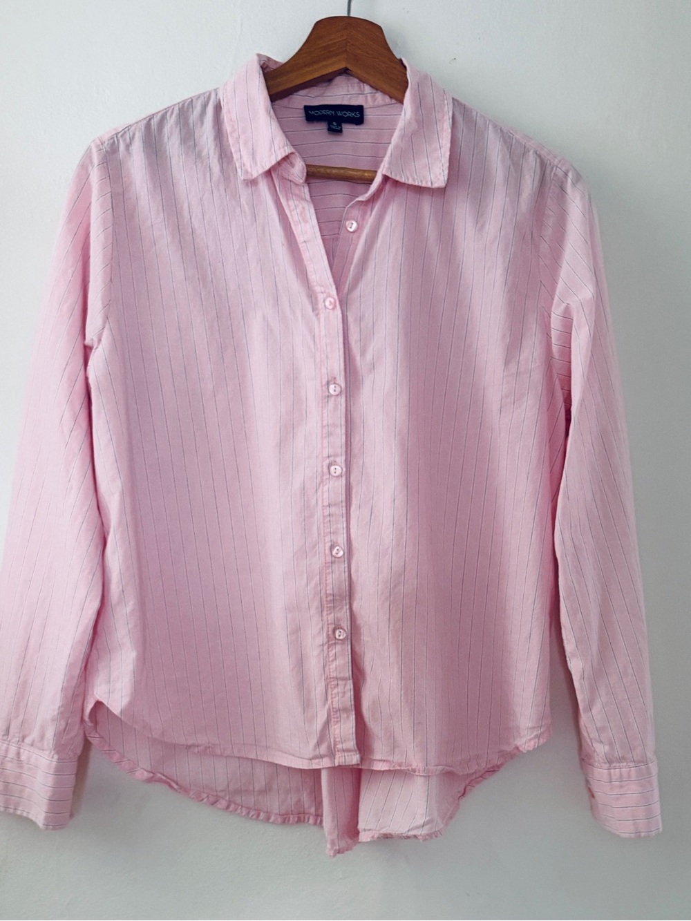 Modern Works Soft Pink Pinstripe Button-Down Shirt Hi Low With Tie Back Detail